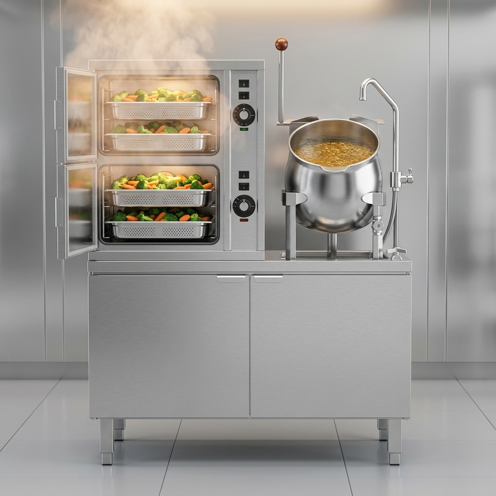 This image highlights the two-compartment convection steamer, demonstrating efficient and consistent steaming with its advanced steam coil technology.