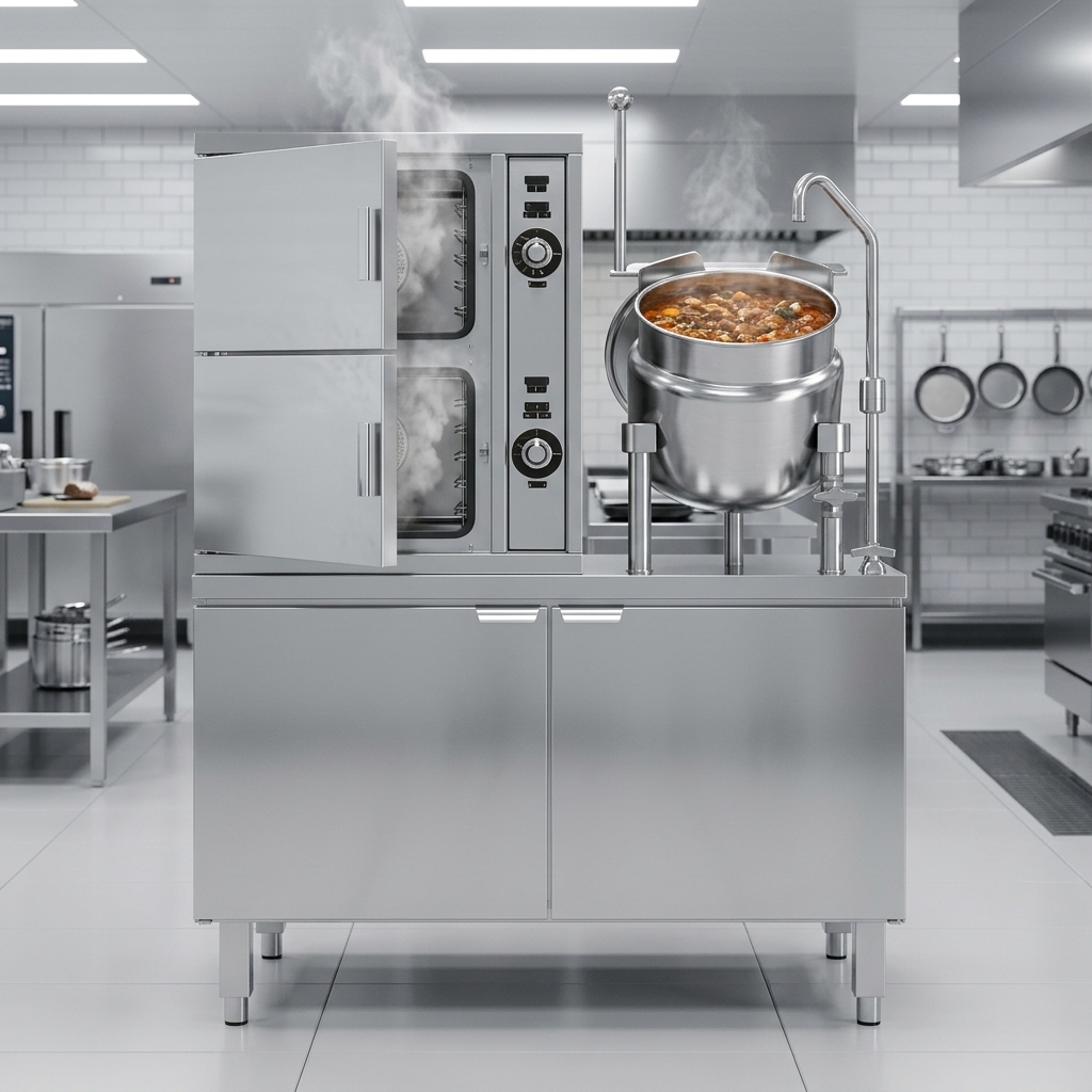 Experience ultimate versatility with the steamer's integrated 10-gallon kettle, allowing for simultaneous boiling, simmering, or stewing alongside steaming.