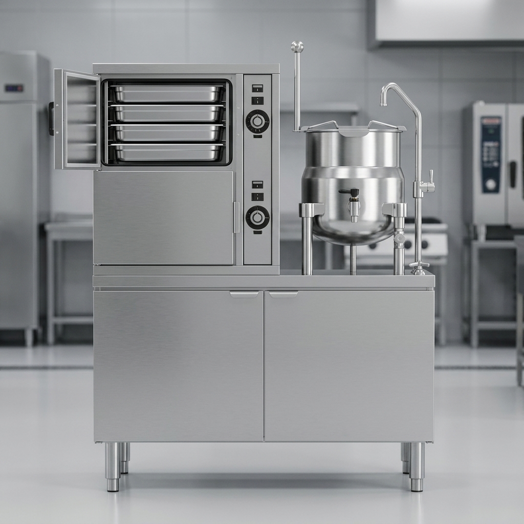 This steamer boasts an impressive high pan capacity, accommodating three full-size steam pans per compartment for efficient high-volume cooking.