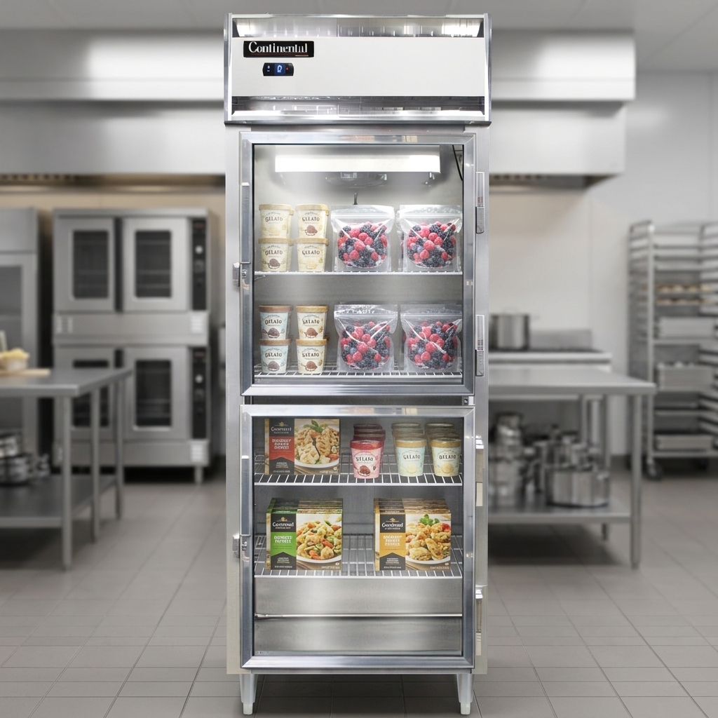 Experience consistent, efficient cooling and perfectly preserved products with this freezer's high-performance refrigeration system, as seen through its clear glass doors.