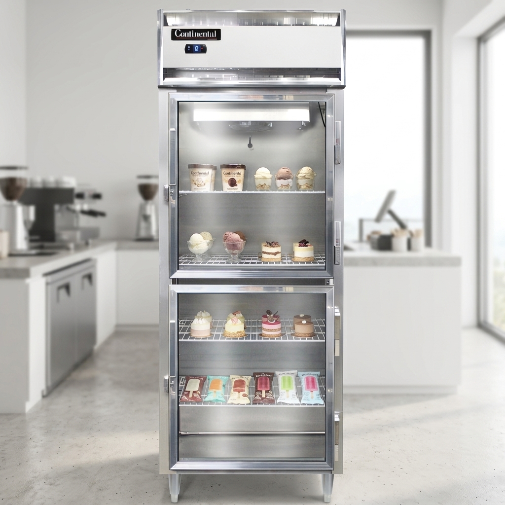 This sleek display freezer operates with environmentally friendly refrigerant, ensuring efficient performance in any modern commercial setting.