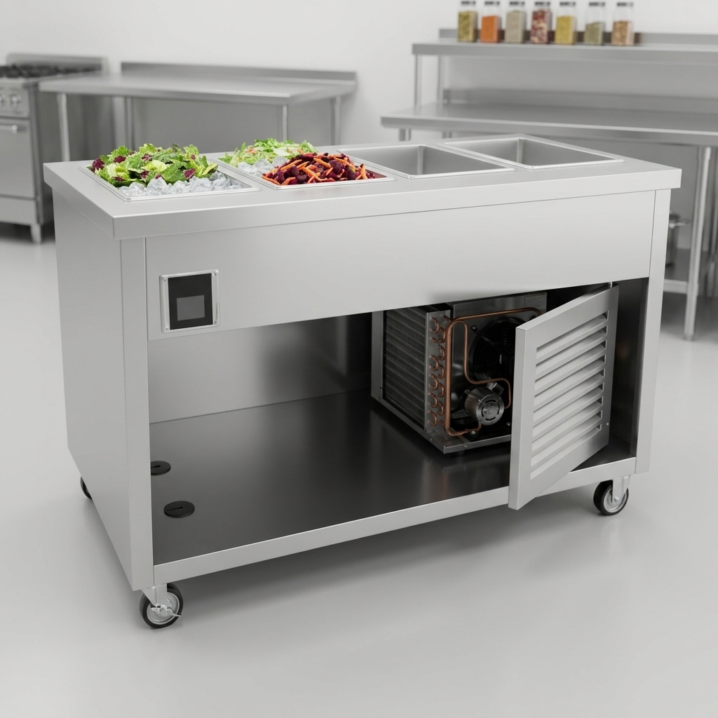This image highlights the Thurmaduke 60" Cold Pan's self-contained R290 refrigeration unit, easily accessible through its hinged louvered panel for convenient maintenance.