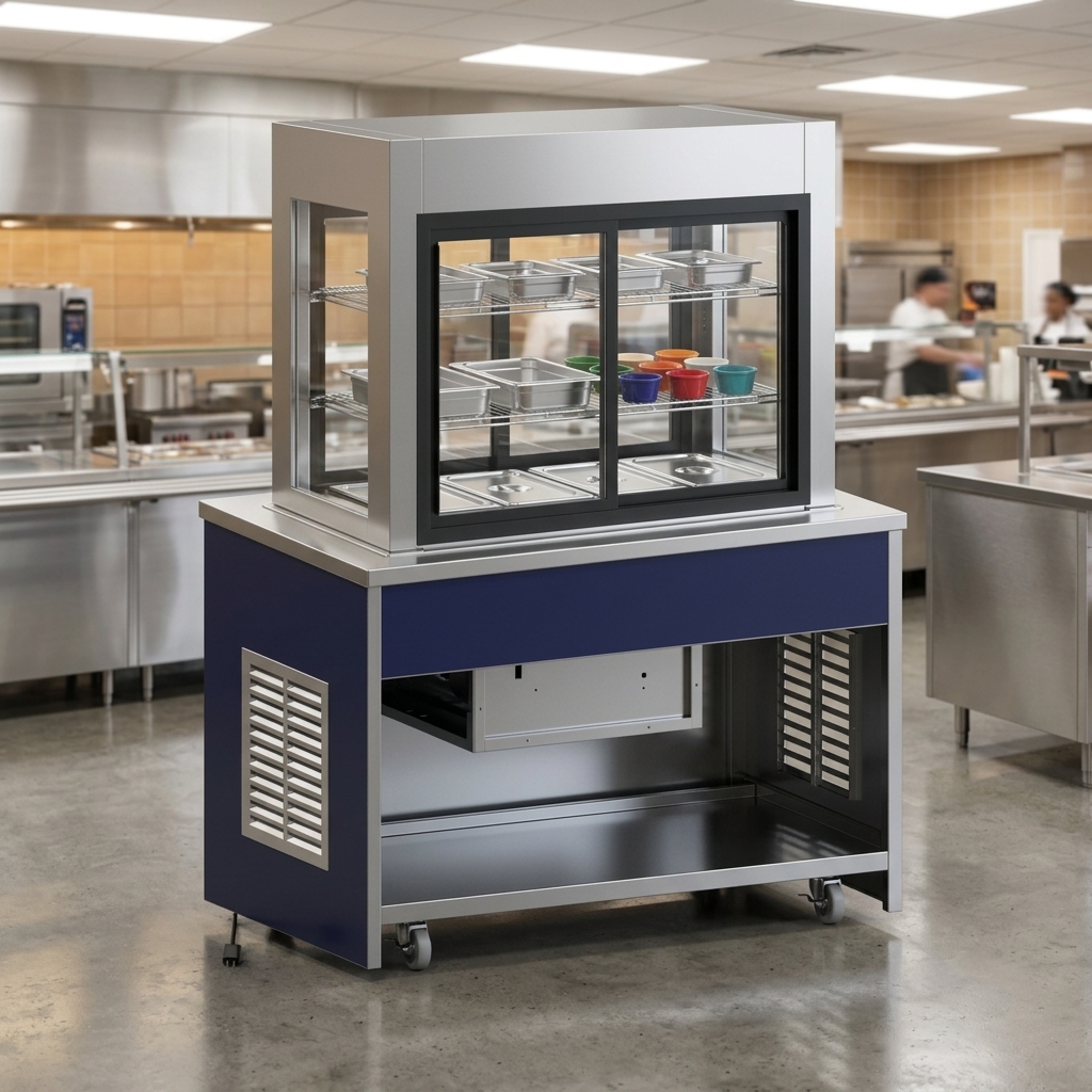 Showcasing superior durability and hygiene, this mobile cold food unit features a gleaming heavy-duty stainless steel top, perfect for any busy commercial kitchen.