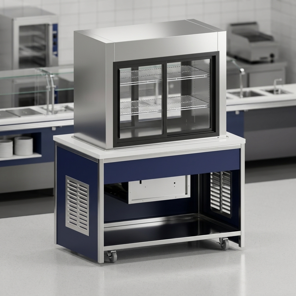 This image highlights the mobile cold food pass-through unit's robust frame, constructed from polished, welded stainless steel square tubing for superior durability.