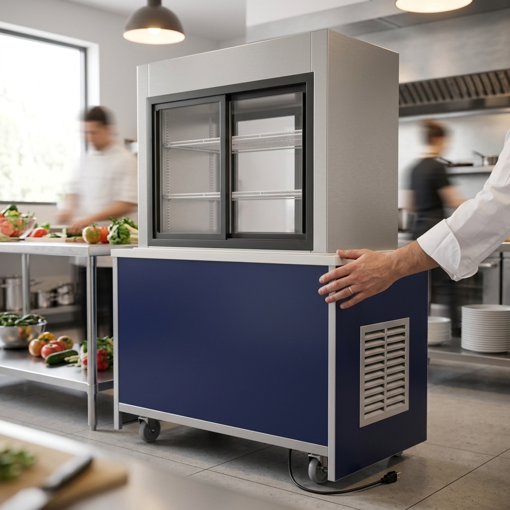 This mobile cold food pass-through unit features a durable 18 gauge stainless steel body and thick plastic laminate panels designed for lasting performance in commercial settings.