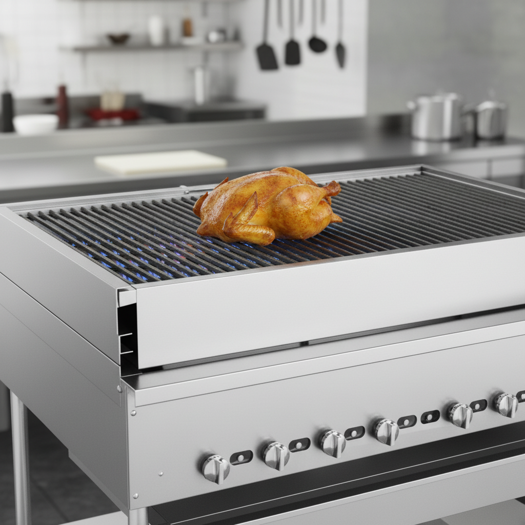 This image highlights the Titan JCBH-24's flame control top grates, engineered for optimal heat distribution and consistent cooking results.