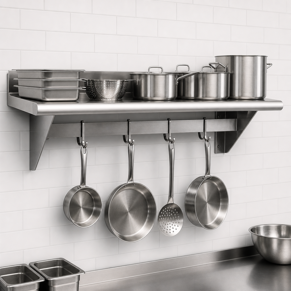 Integrated Wall Shelf and Pot Rack