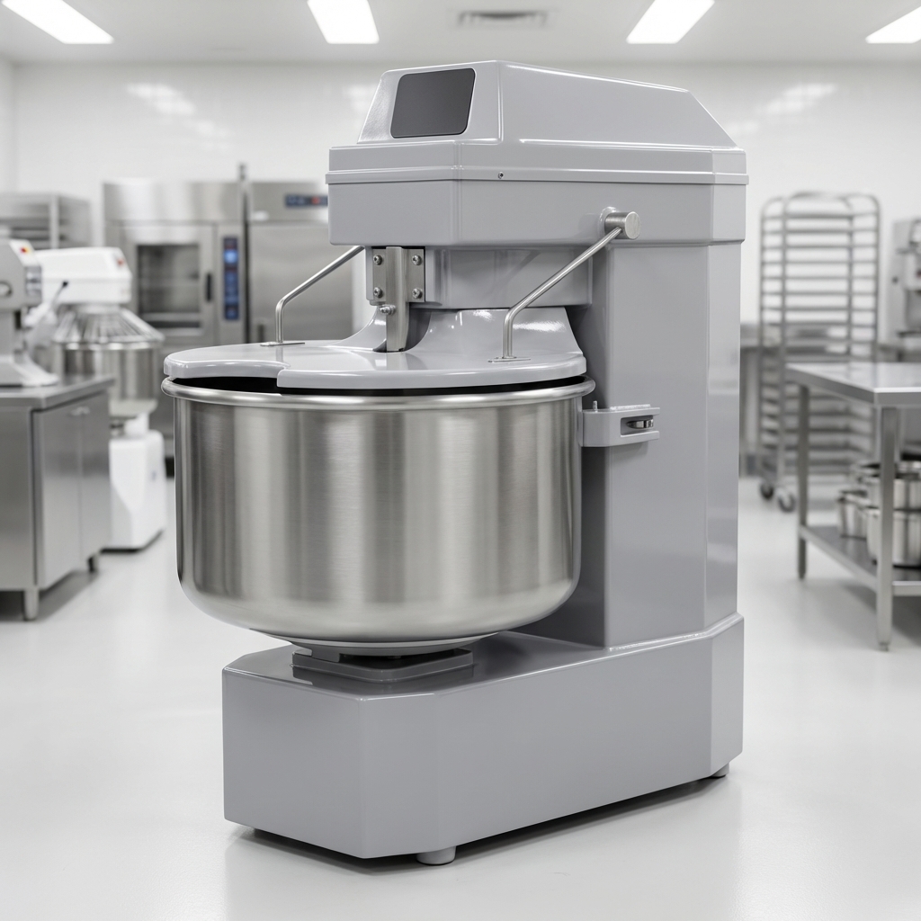 This image highlights the dough mixer's strong welded steel body, featuring a durable and hygienic NSF epoxy paint finish built for rigorous commercial use.
