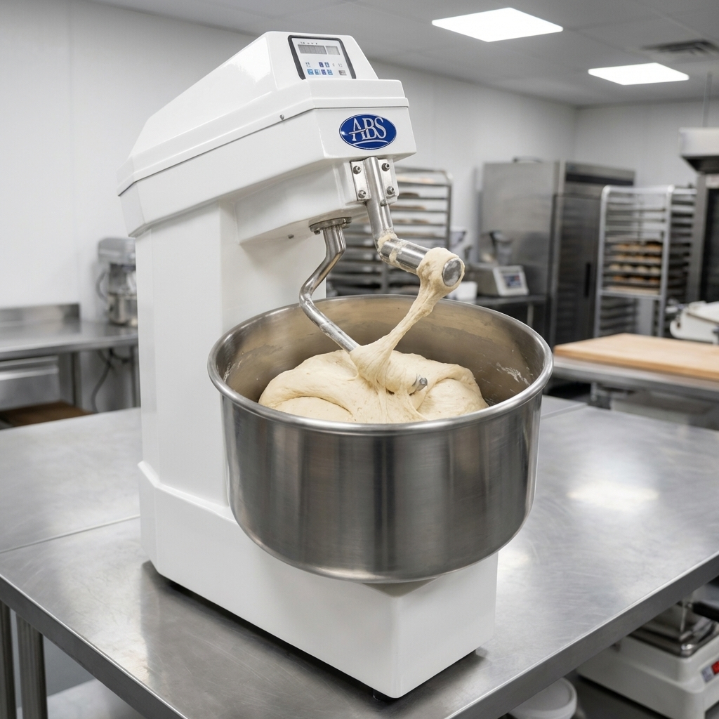 Experience optimal dough development with the heavy-duty "J" style stainless steel hook, shown expertly mixing dough in this powerful spiral mixer.