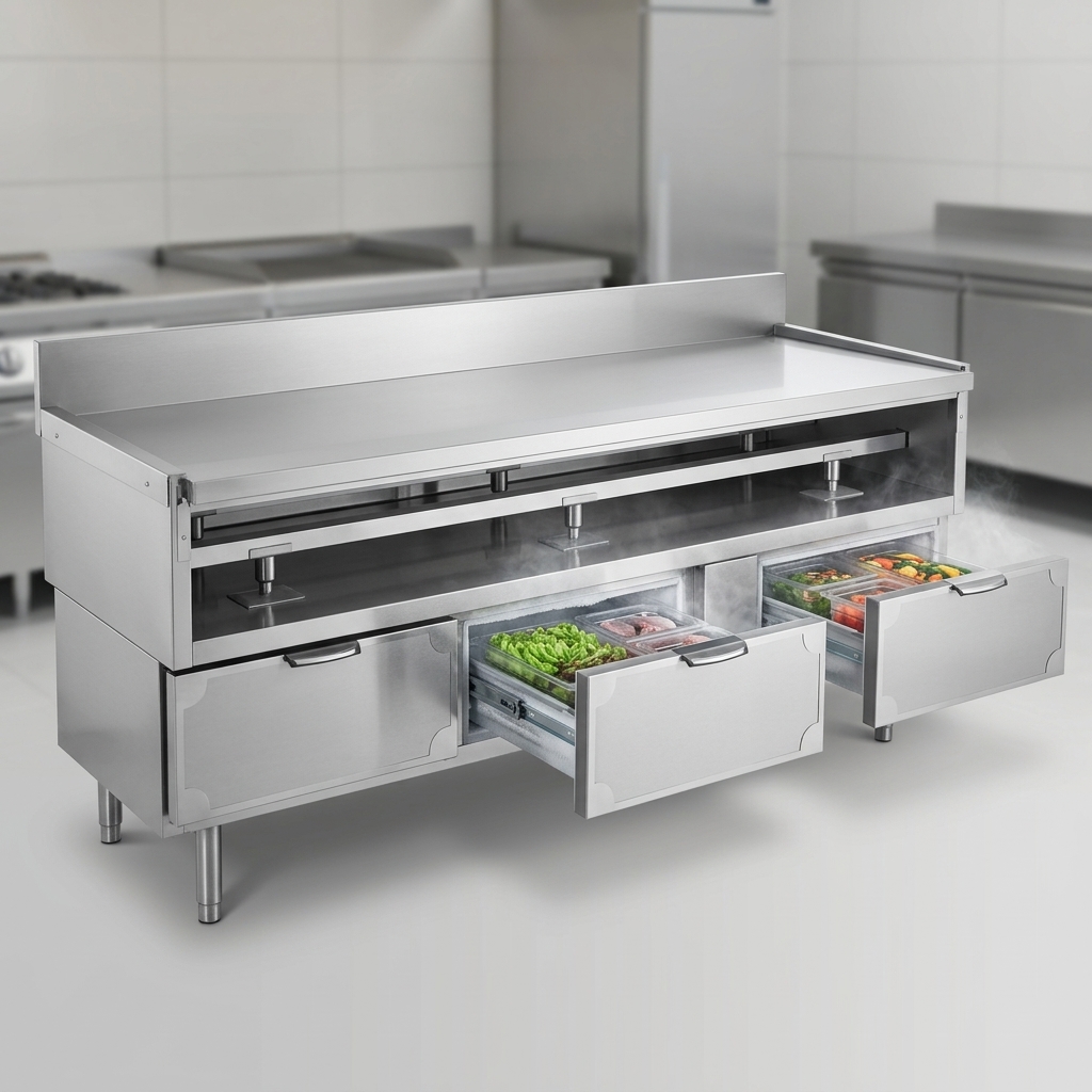 This image showcases the La Rosa 78-inch refrigerated equipment stand, featuring a powerful refrigerated base that provides essential cold storage for your busiest kitchen.