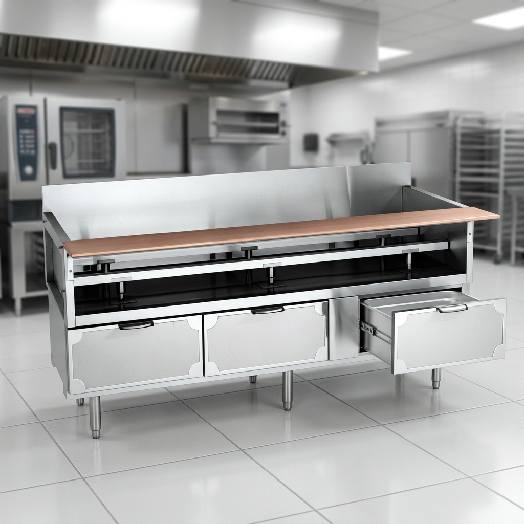 Showcasing superior durability and effortless hygiene, this refrigerated equipment stand features robust heavy-duty stainless steel construction throughout.