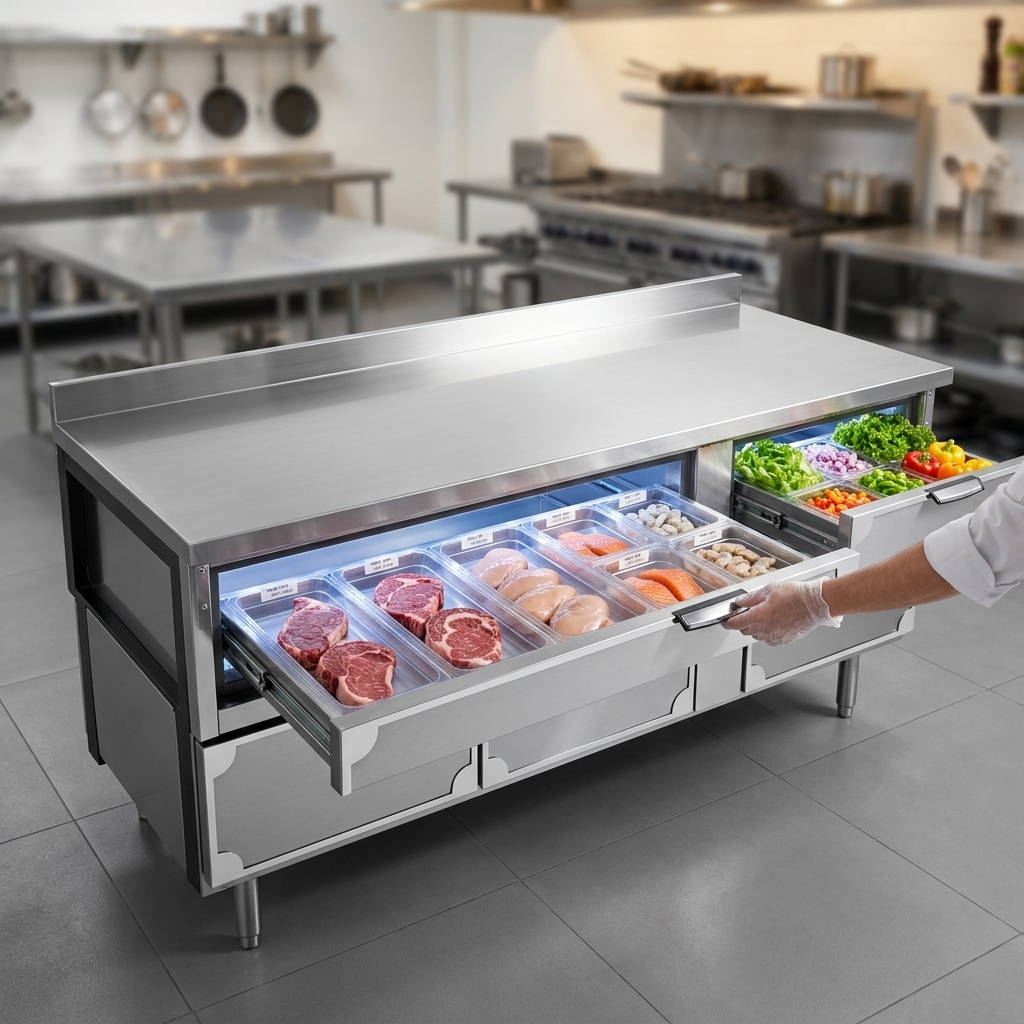 Optimize your kitchen's efficiency with four spacious, easy-access refrigerated drawers, perfect for keeping ingredients fresh and organized.