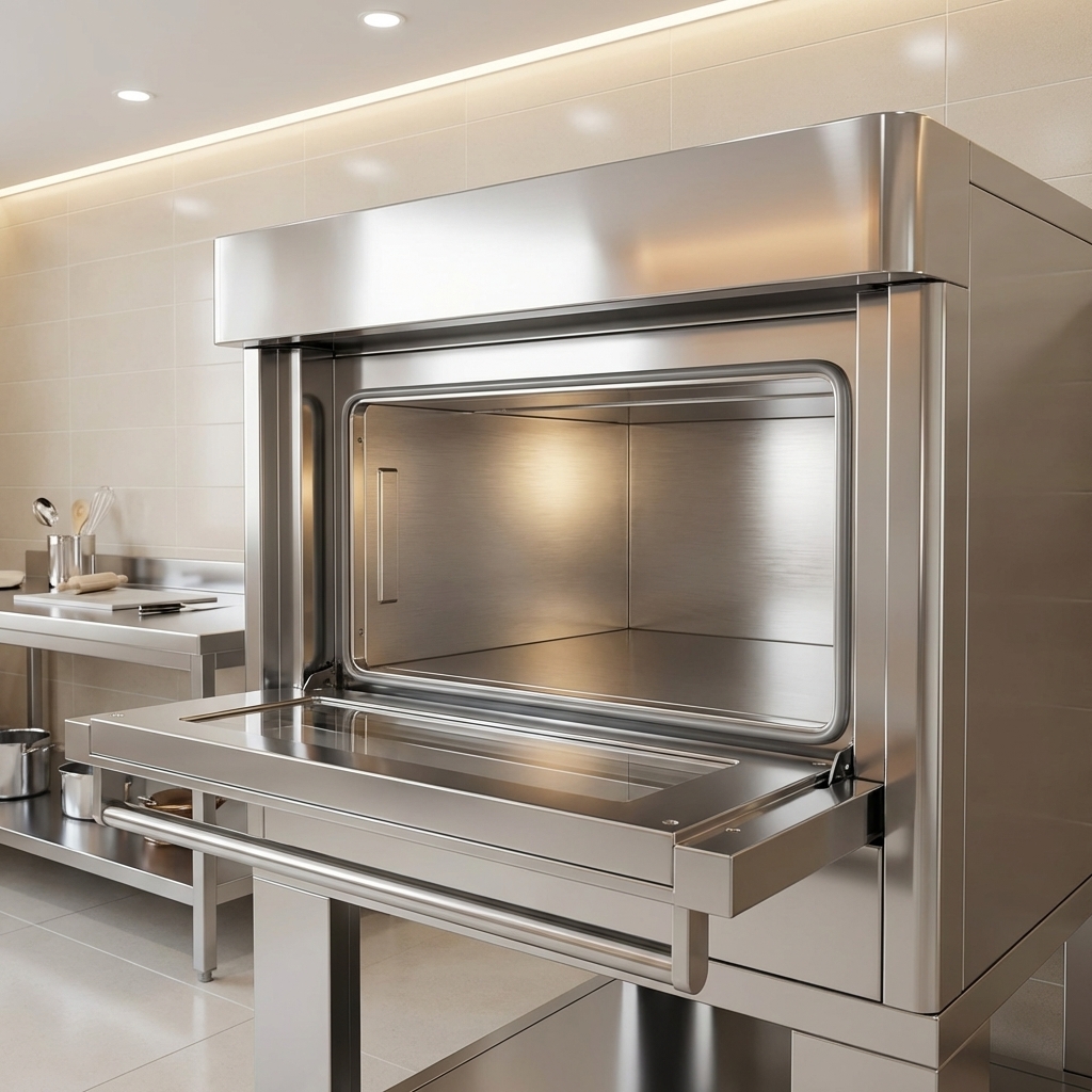 This professional image highlights the deck oven's durable stainless steel interior and exterior, ensuring lasting performance and effortless cleaning in any commercial kitchen.
