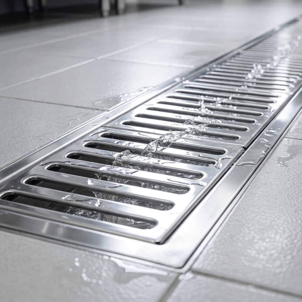 This image highlights the durable, subway-style stainless steel grating, designed for efficient water drainage and a clean, professional look in any commercial kitchen.