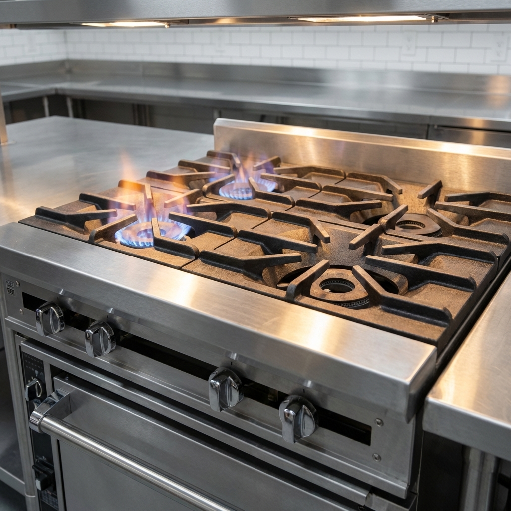 Experience versatile and powerful cooking with four robust, individually controlled open burners on this heavy-duty gas range.