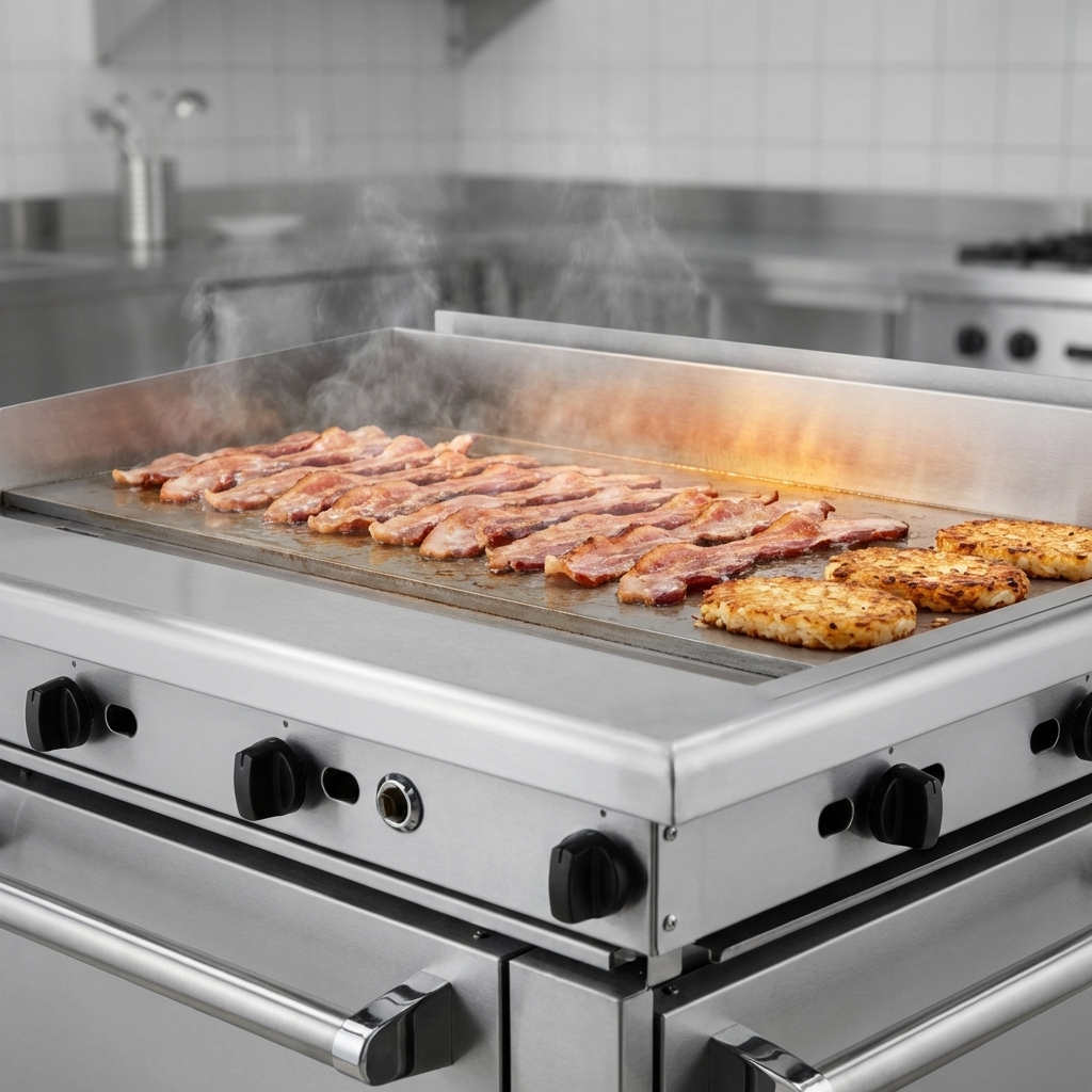 Witness the exceptional heat consistency and power of the griddle's high-efficiency burners, ensuring perfectly cooked results every time.