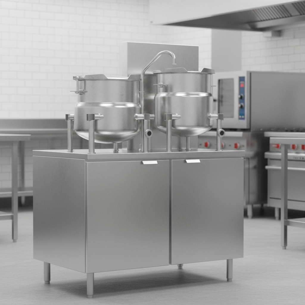 The robust 42-inch wide cabinet base provides exceptional stability and integrates essential components for this high-capacity gas kettle assembly.