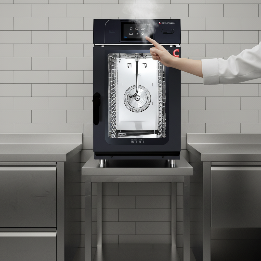 This image displays the Convotherm MINI combi oven in a professional kitchen, showcasing its space-saving ventless operation without a traditional hood.
