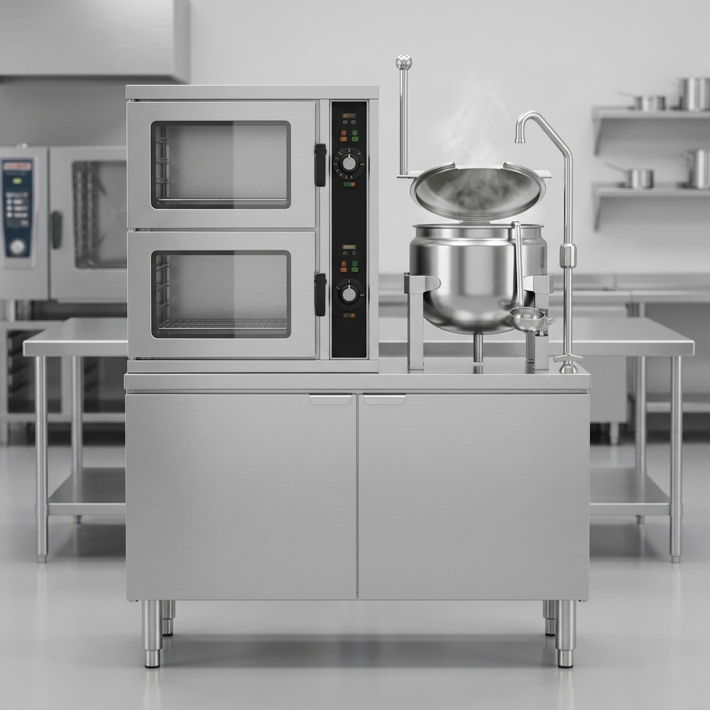 Experience enhanced kitchen efficiency with the steamer's built-in 10-gallon kettle, ideal for all your liquid heating needs.