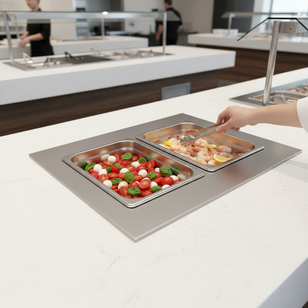 The Thurmaduke cold pan's flush mount design ensures effortless food pan access and simplified countertop cleaning for a seamless professional presentation.