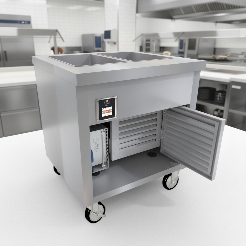 This mobile cold pan unit highlights its convenient self-contained R290 refrigeration system, accessible via a hinged louvered panel for easy maintenance.