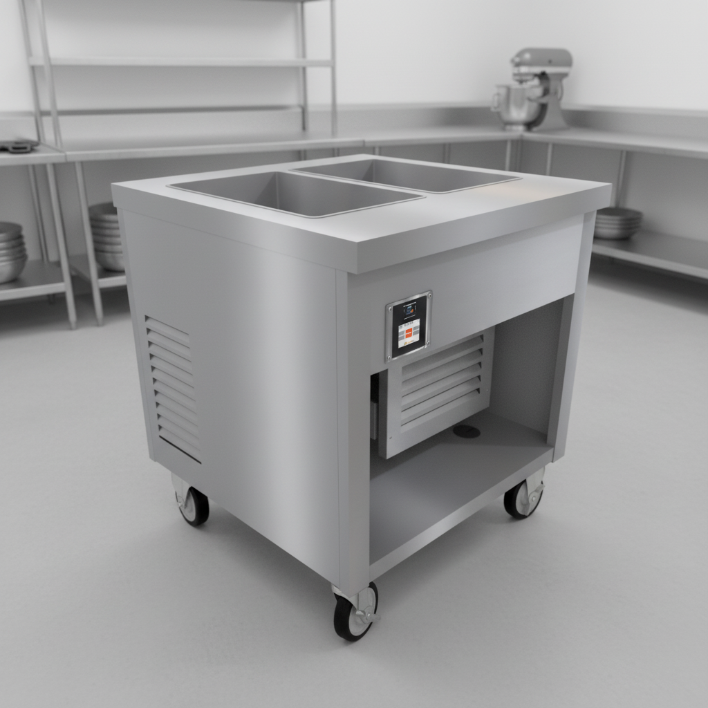 This image highlights the Thurmaduke cold pan unit's robust, heavy-duty stainless steel construction, ensuring exceptional durability and hygiene.