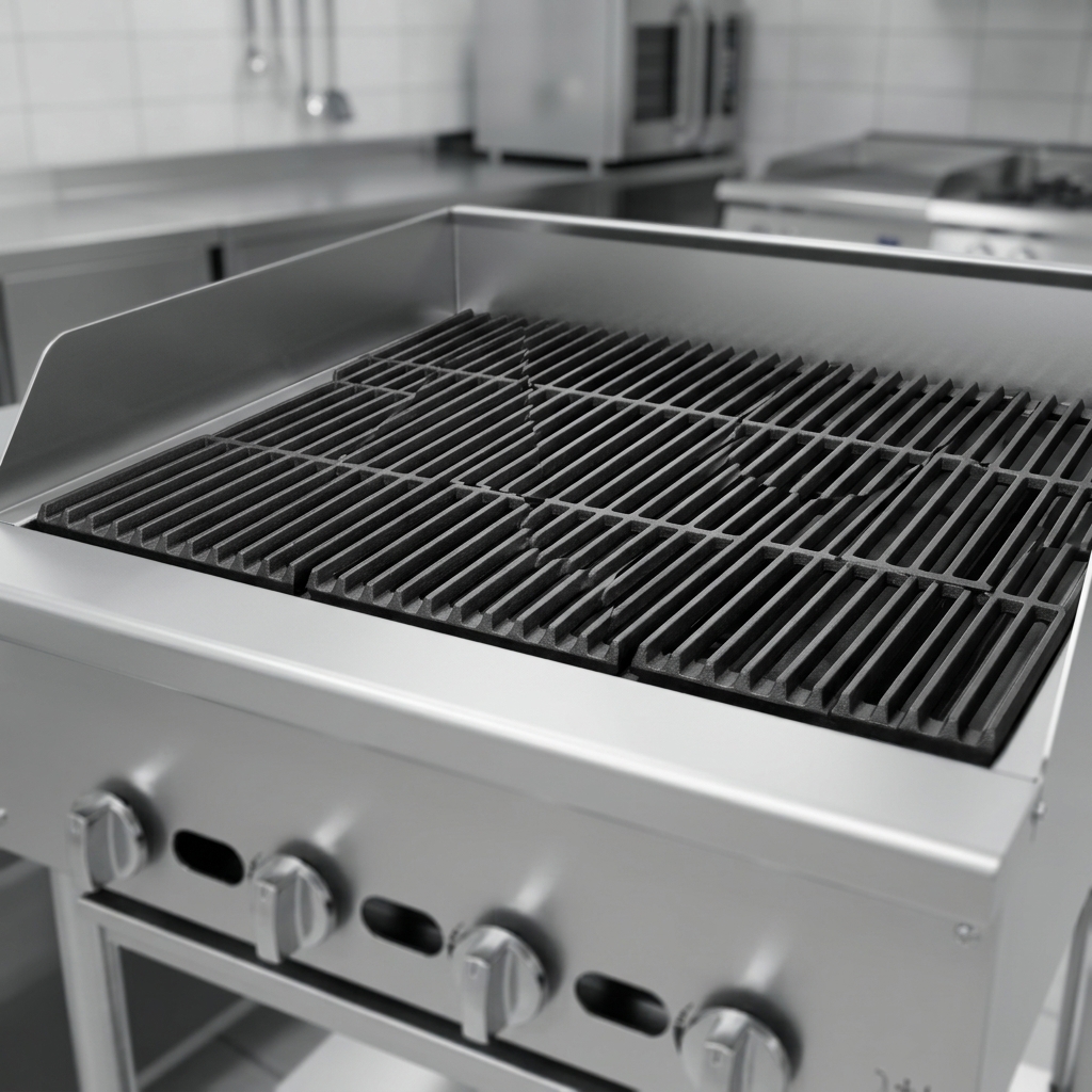Observe the robust, four-bar cast iron grates with built-in grease guides, engineered for cleaner and safer charbroiling.