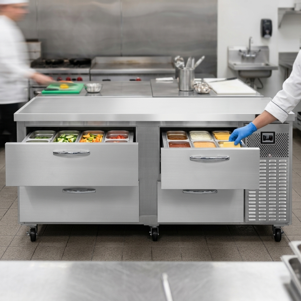 Experience superior organization with the two-section design of this refrigerated griddle stand, allowing for dedicated storage zones and easy access to ingredients.