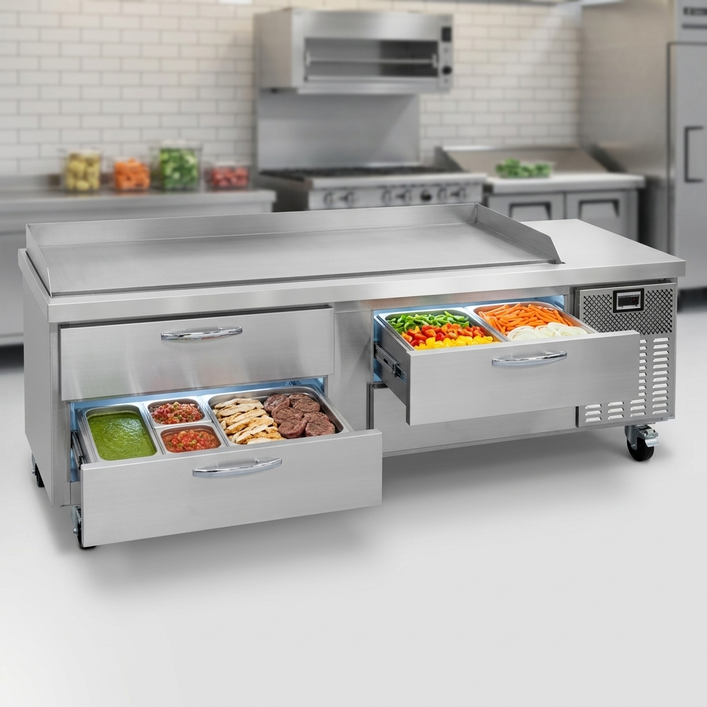 Effortlessly organize your ingredients with the D96GN's four spacious refrigerated drawers, designed for versatile and efficient food storage.
