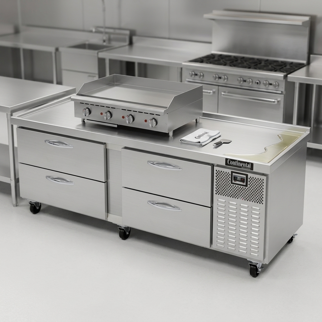Showcasing the robust stainless steel top with a drip guard marine edge, designed to contain spills and ensure a clean work surface.