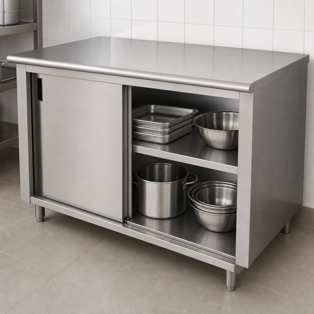 Stainless Steel Cabinet Base With Mid-Shelf And Sliding Doors
