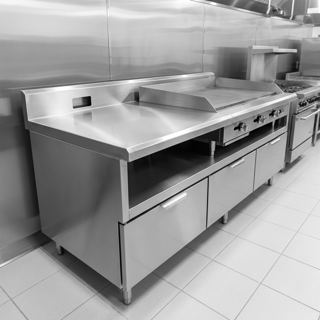 Experience the superior durability and seamless utility integration of the stand's one-piece stainless steel equipment shelf, featuring a protective marine edge and rear cutouts.