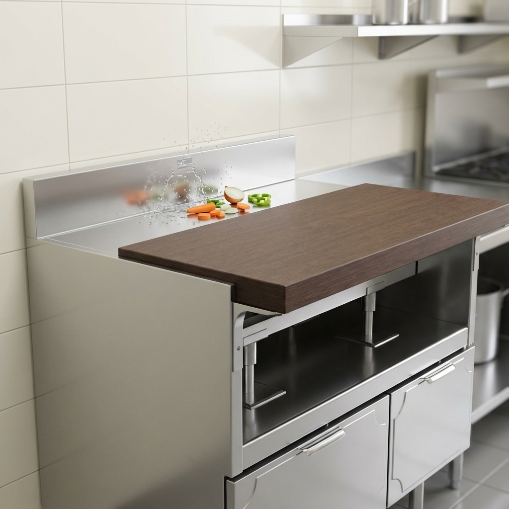 This image highlights the integrated 2 1/8-inch backsplash of the equipment stand, designed to protect your kitchen walls and maintain cleanliness.