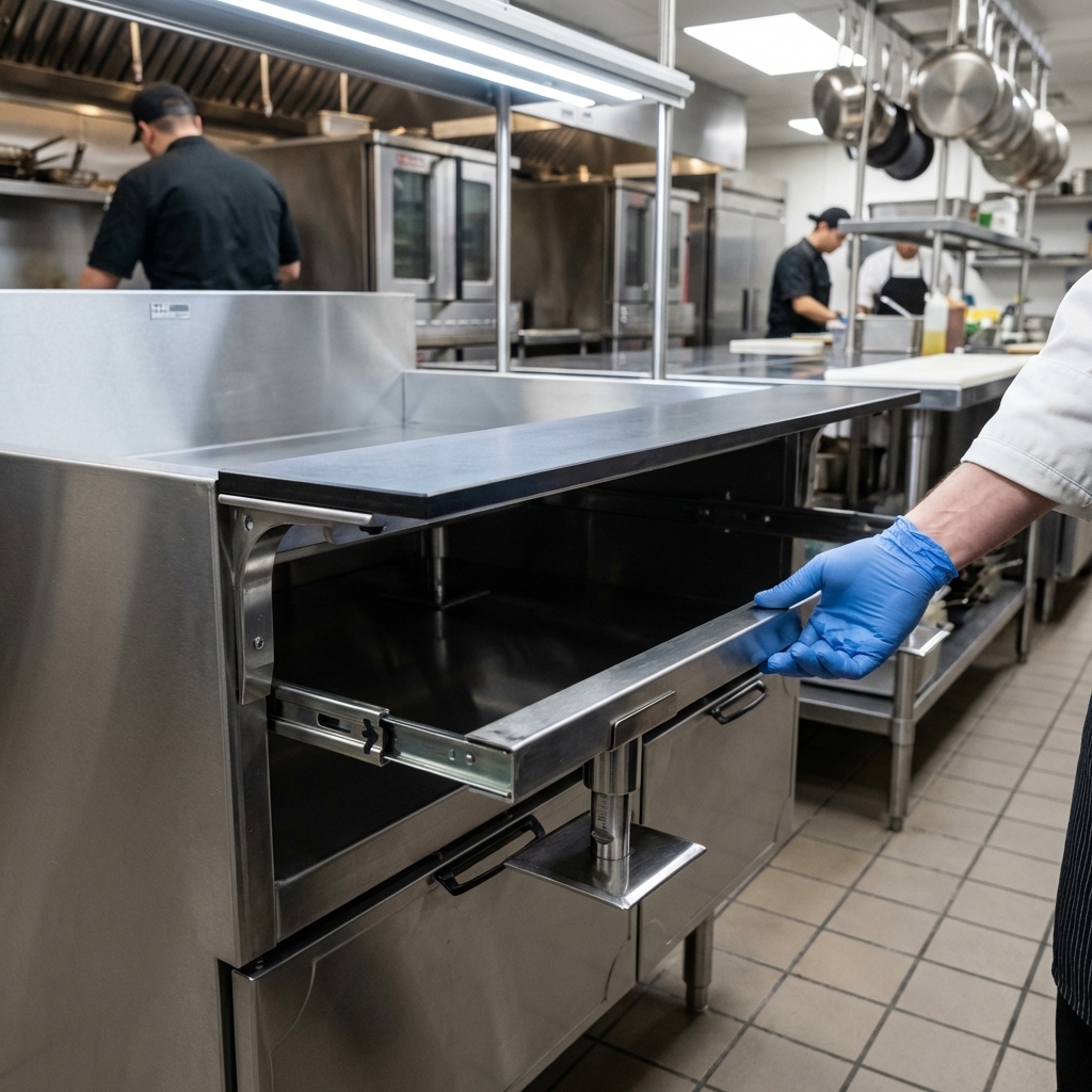 This image highlights the adjustable and removable equipment support rails, offering versatile equipment placement in any commercial kitchen.