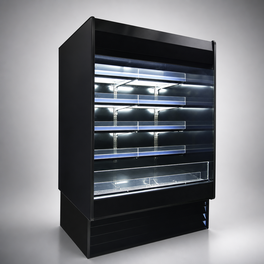 Four Rows Of Lighted Shelves