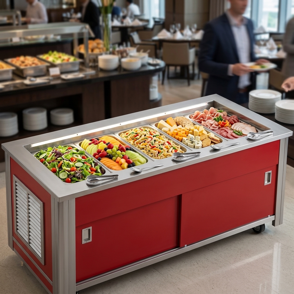 This refrigerated mobile buffet counter prominently displays its generous 5-pan capacity, ideal for busy commercial serving lines.