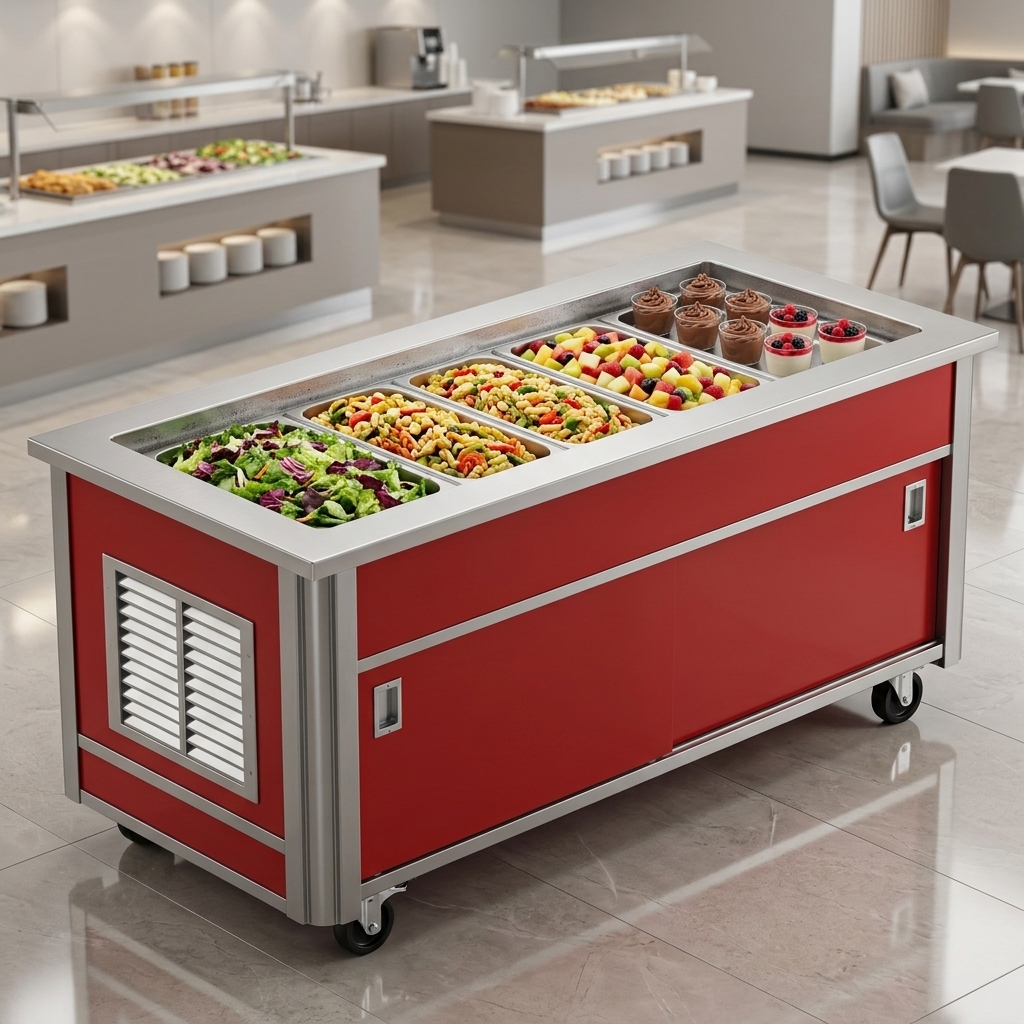 This image highlights the 3-inch recessed cold pans, designed for superior temperature maintenance and elegant food presentation.