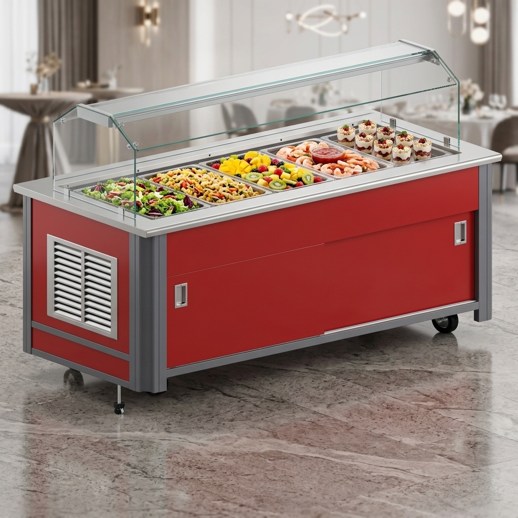 This mobile refrigerated buffet counter features self-contained refrigeration, ensuring efficient cooling and easy placement anywhere in your commercial space.