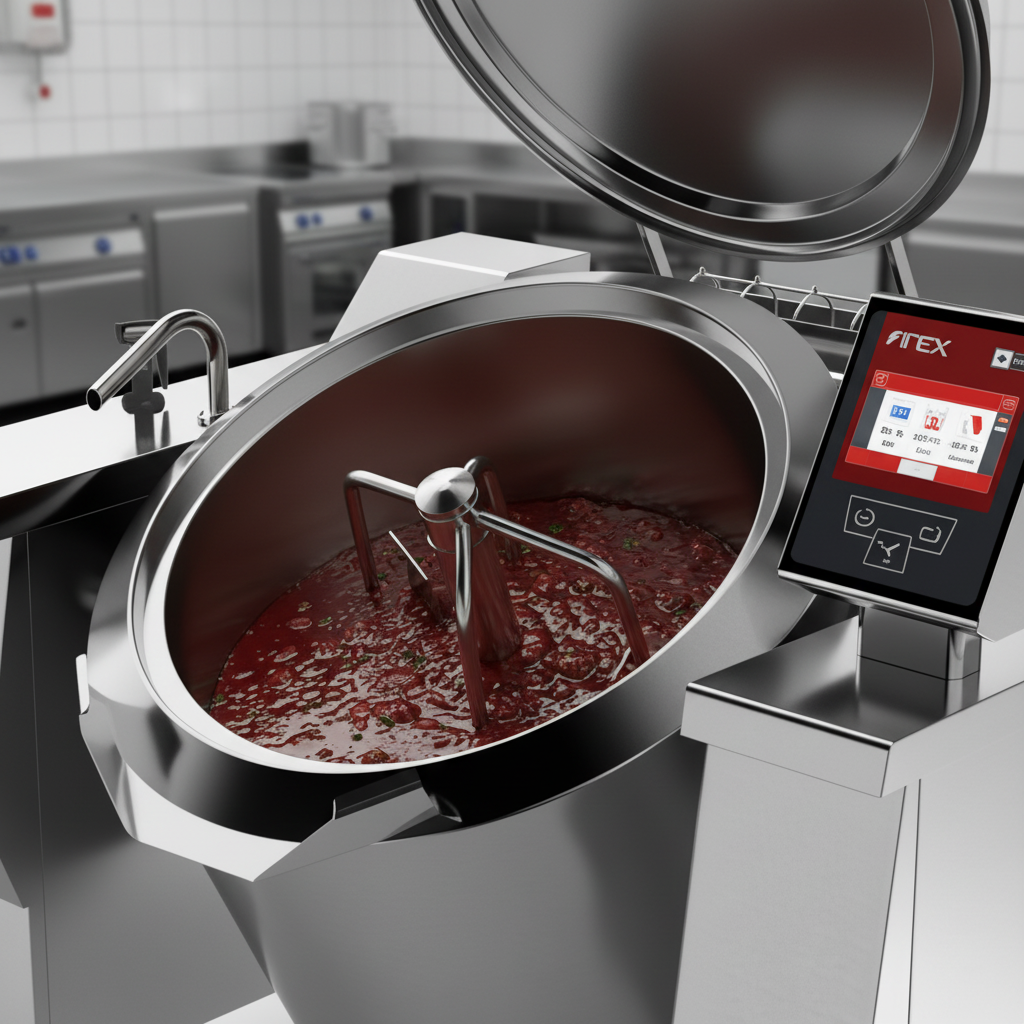Experience consistent cooking with the Cucimix tilting skillet, showcasing its automatic mixer for perfectly stirred dishes every time.