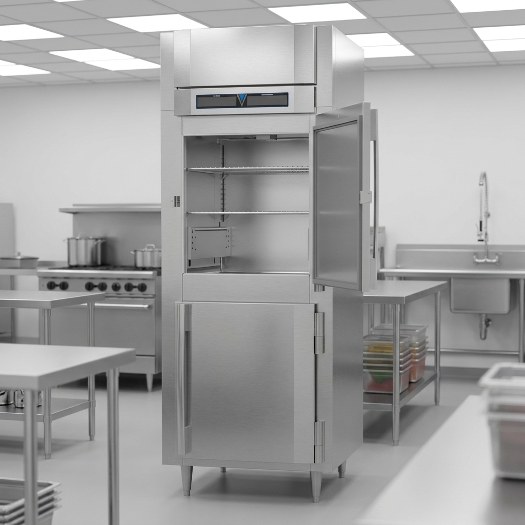 This image showcases the Victory UltraSpec holding cabinet's rugged stainless steel exterior and sanitary aluminum interior, engineered for enduring commercial performance.