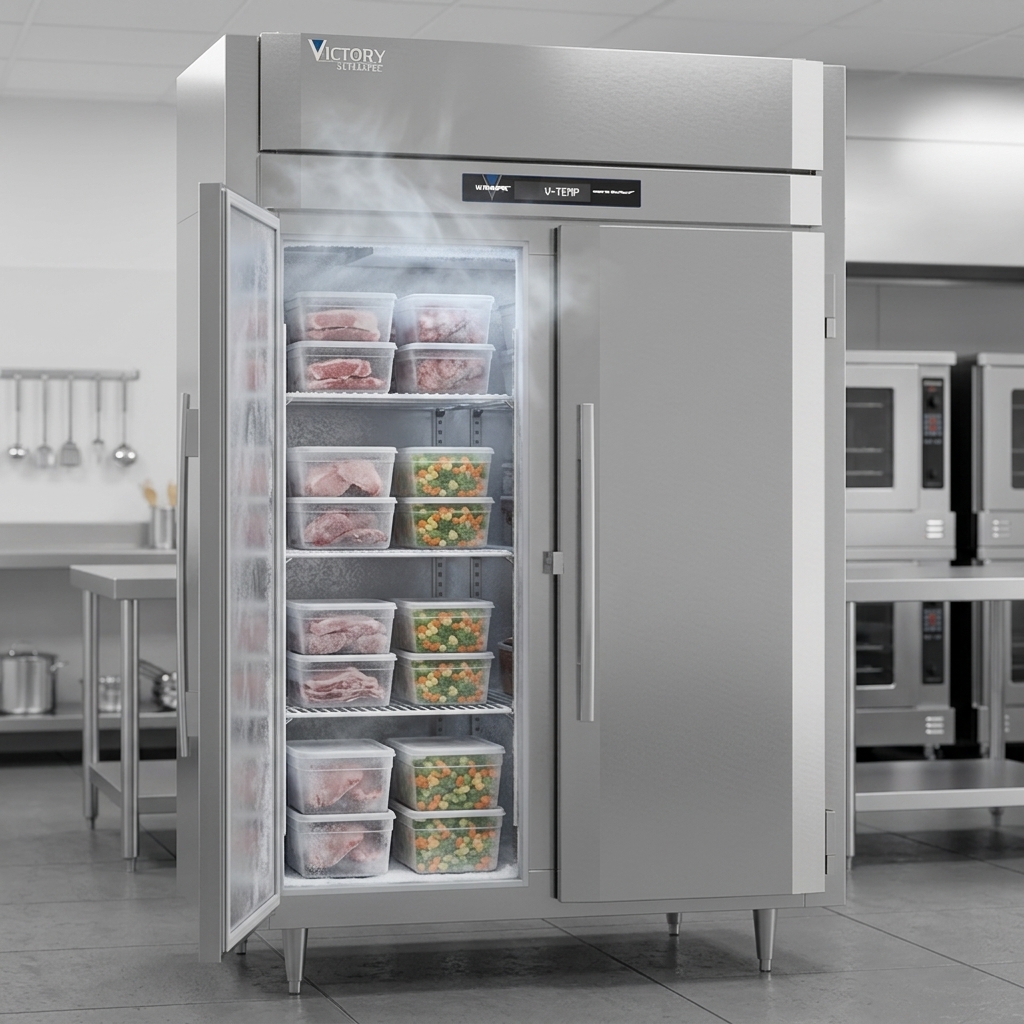 Experience superior food preservation with the Victory UltraSpec™ Reach-In Freezer, showcasing the powerful and efficient V-Core™ Cooling Technology.
