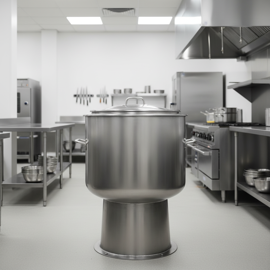 This image showcases the steam kettle's heavy-duty, polished stainless steel construction, built for durability and easy cleaning in any commercial kitchen.