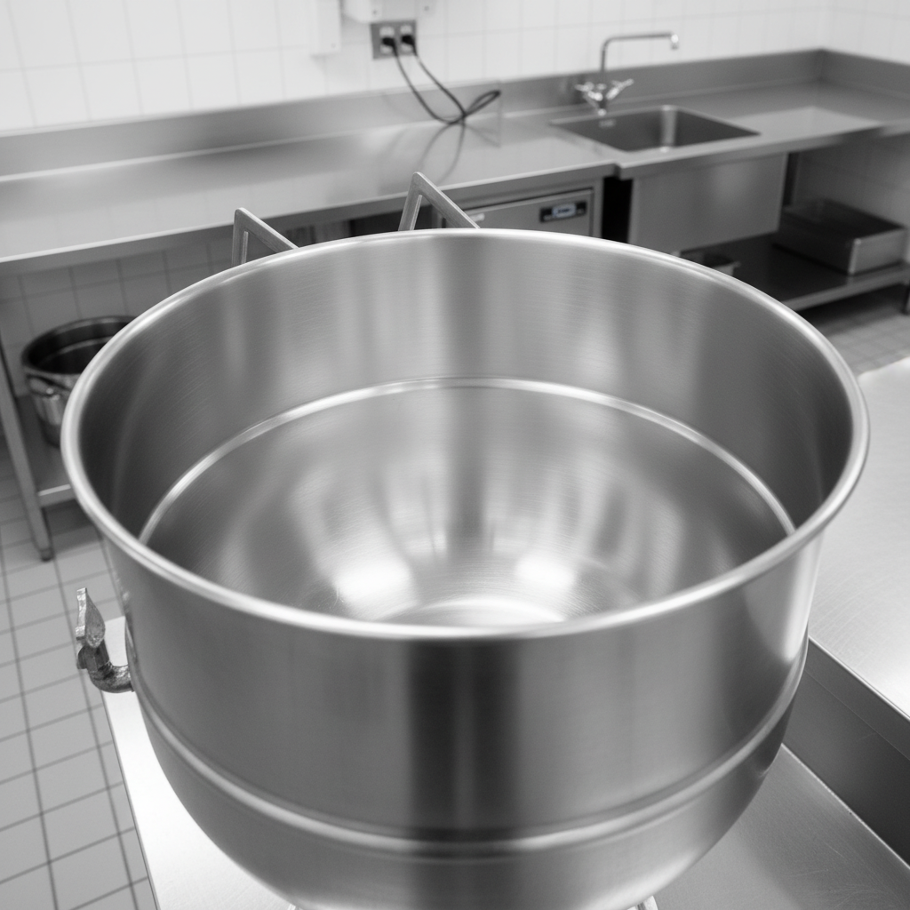 This image highlights the Legion LSP-80 steam kettle's premium 304 stainless steel liner, ensuring superior hygiene and corrosion resistance for all your culinary needs.