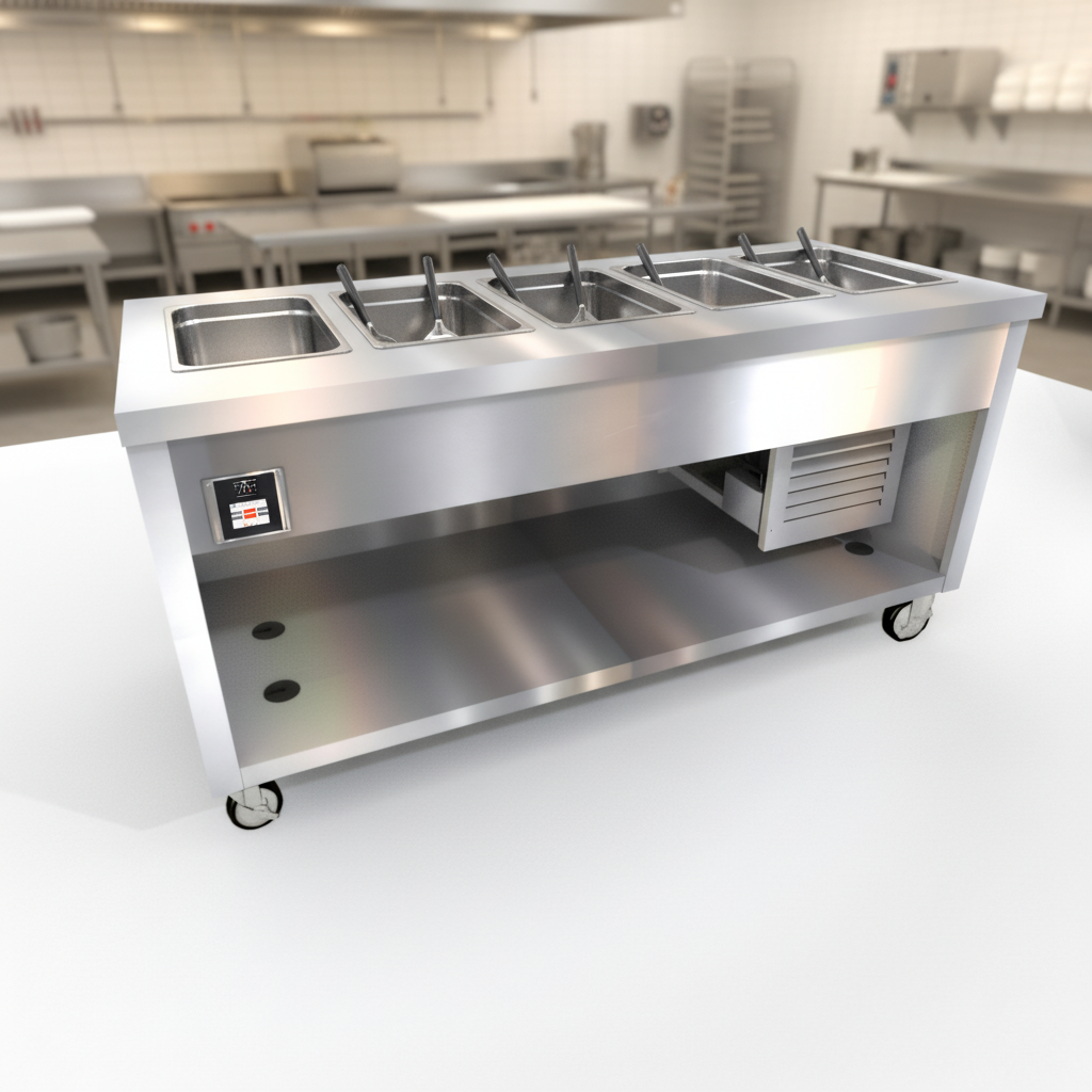 This image highlights the cold pan's robust 16 gauge stainless steel top, featuring flanged edges for superior structural integrity and a hygienic food prep surface.