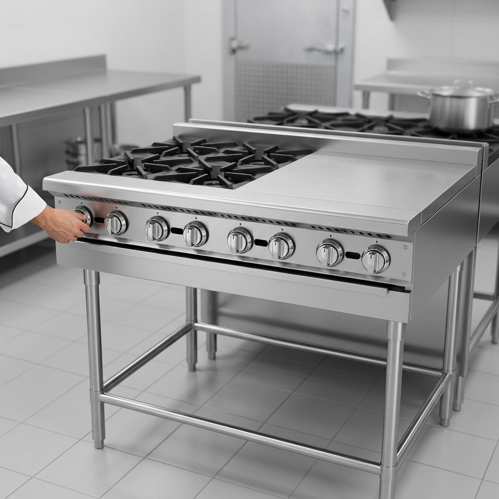 Experience ultimate culinary control with infinite gas valves, providing precise temperature adjustments for each open burner and hot top.