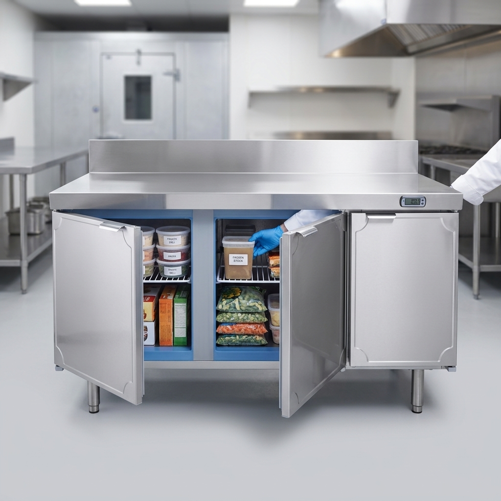 This three-section work top freezer base provides expansive, organized frozen storage with convenient reach-in access for any commercial kitchen.
