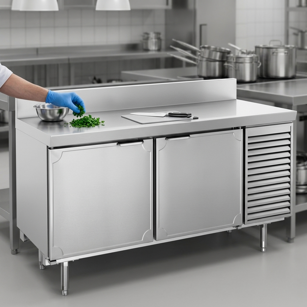 Showcasing a robust and hygienic food preparation surface, this image highlights the heavy-duty 16 gauge stainless steel worktop and integrated rear splash.