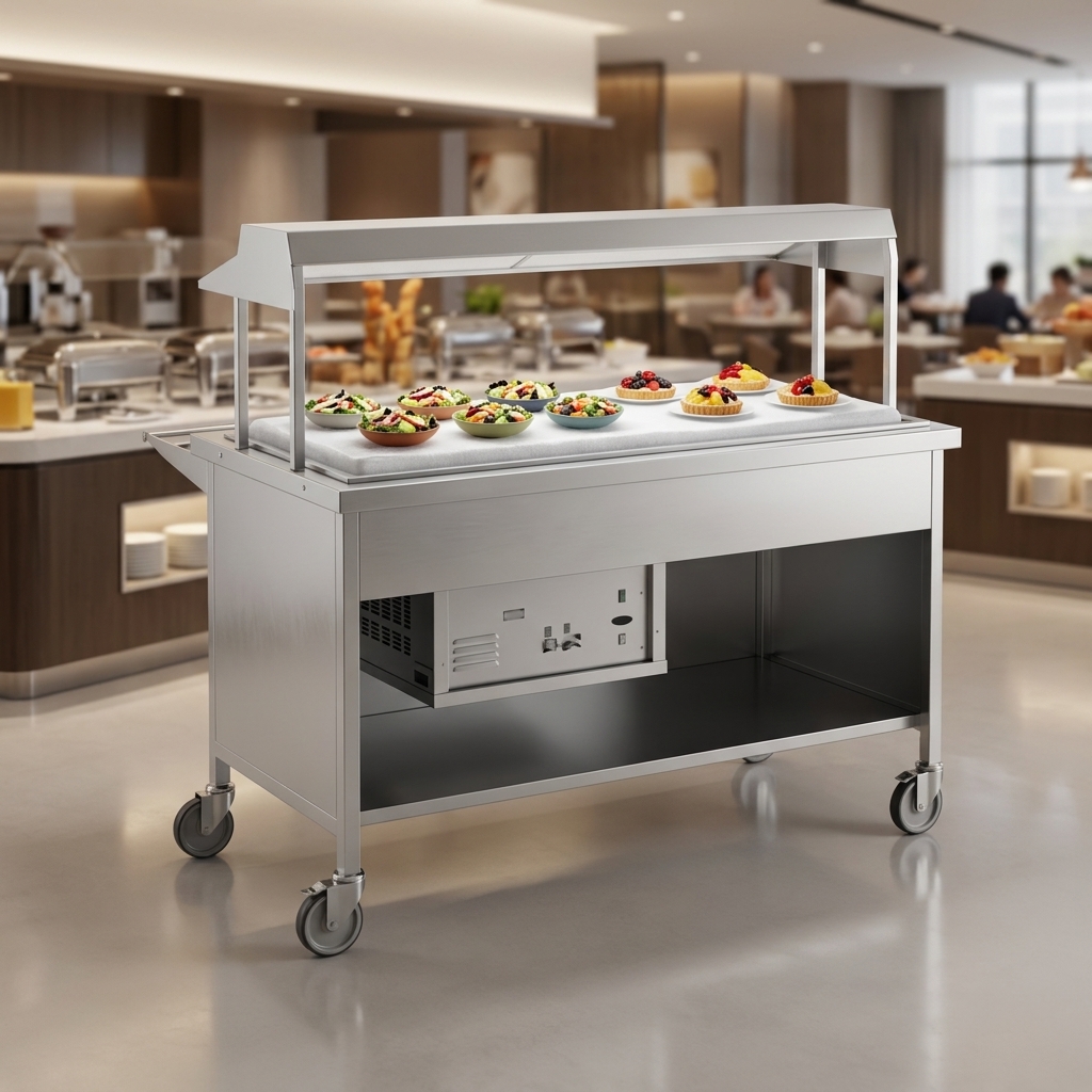 This image showcases the Atlas Metal CARF-5's elevated quick frost top, providing an attractive, chilled display for pre-plated food items.