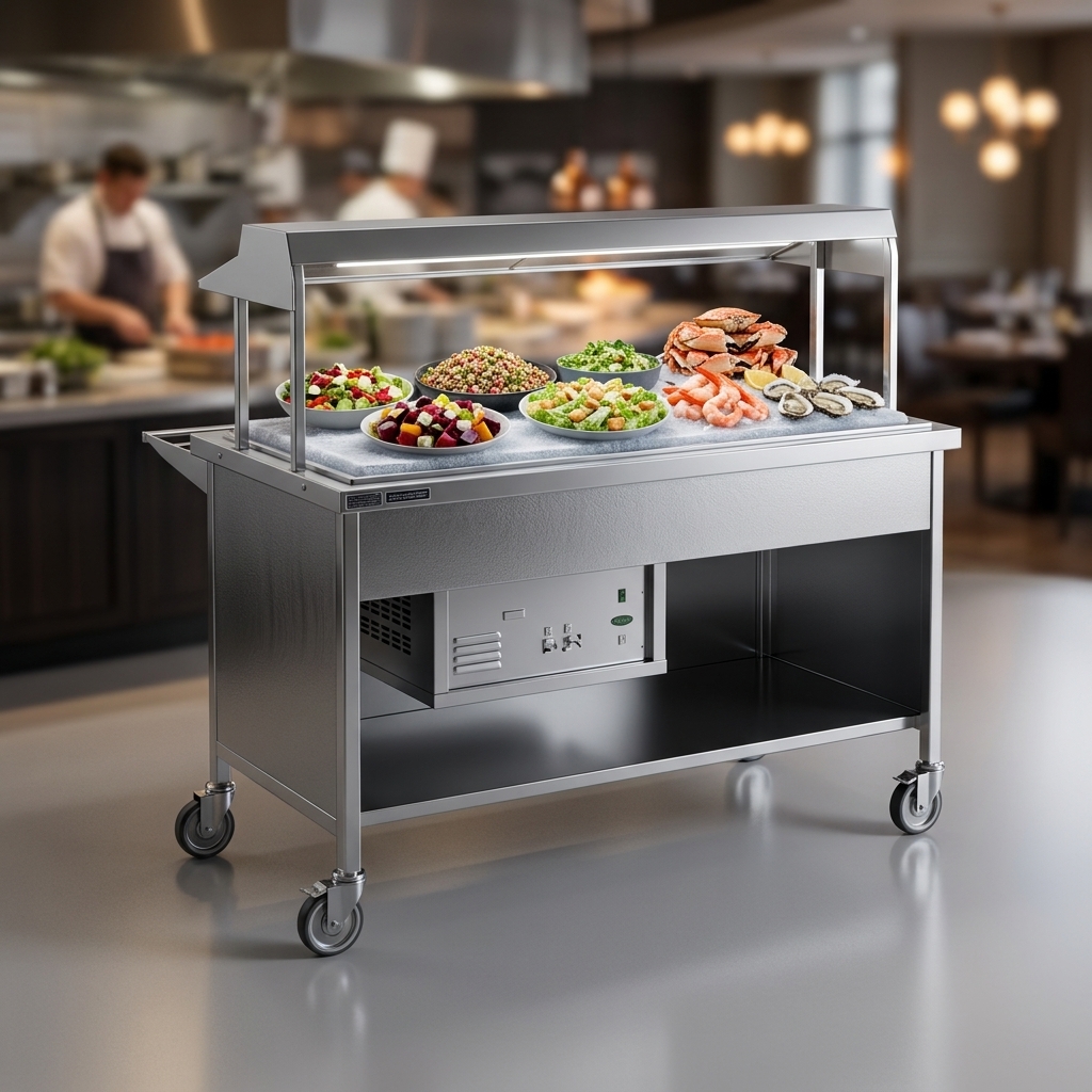 This Atlas Metal CARF-5 Mobile Refrigerated Frost Top Serving Counter's efficient insulation keeps food perfectly chilled, even in bustling environments.