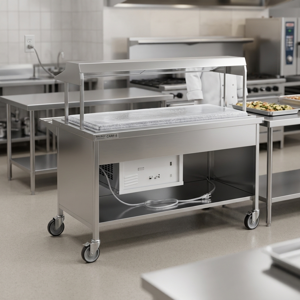 This image highlights the mobile refrigerated frost top serving counter's self-contained refrigeration, ready for immediate plug-and-play operation.